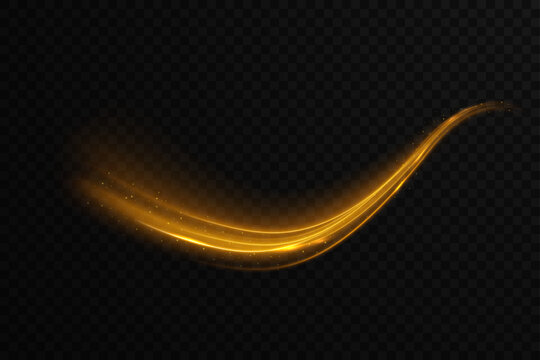 Semicircular gold wave and light vortex wake. Abstract light lines of movement and speed. Neon glow flare and shiny gold speed lines effect vector PNG on transparent background.