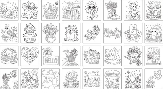 Kawaii Spring Doodle Collection &ndash; Cute Hand-Drawn Black and White Rain, Flowers, Nature and Cozy Seasonal Illustrations