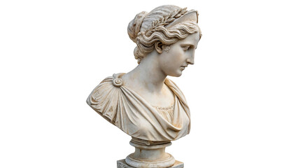Obraz premium Statue of a woman with a bun hairstyle and a headband crafted from stone, displayed in a simple setting isolated on transparent background 