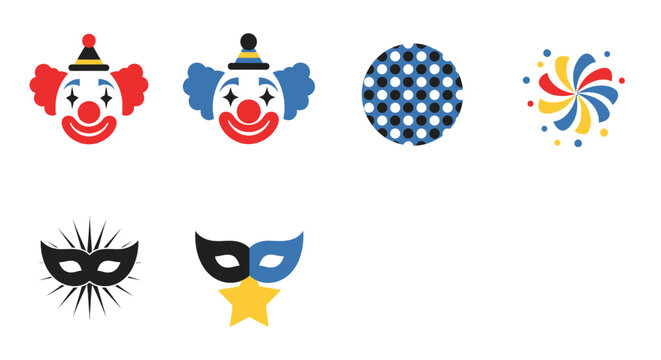 Colorful circus icons featuring clowns masks and patterns on transparent background silhouette