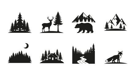 Black forest wildlife icons with deer bear and fox silhouette on transparent background © MD