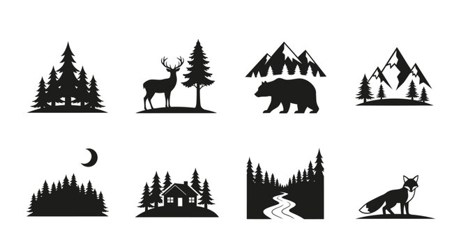 Black forest wildlife icons with deer bear and fox silhouette on transparent background