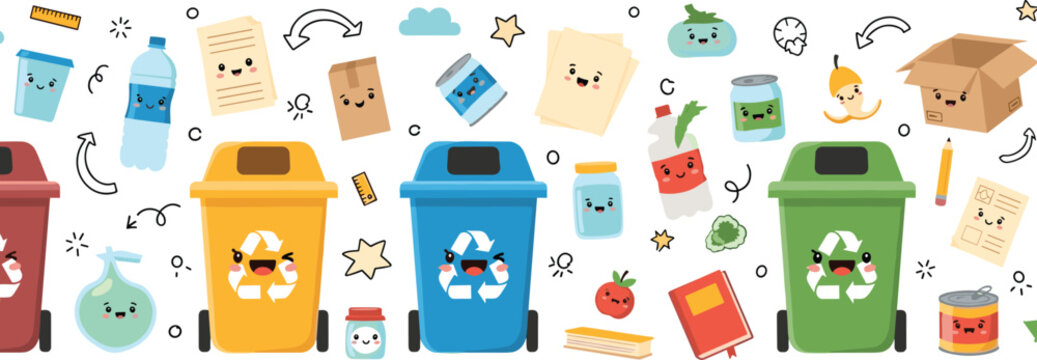 Cute Recycling Bins with Cartoon Trash, Containers, and Eco-Friendly Symbols for Waste Sorting and Sustainability Designs