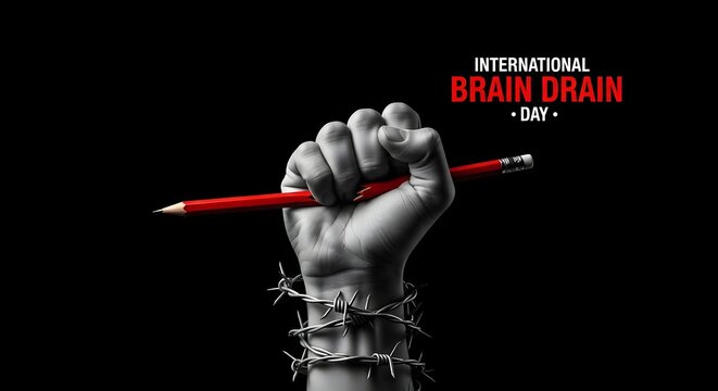 Fist holding a red pencil wrapped in barbed wire, concept of brain drain