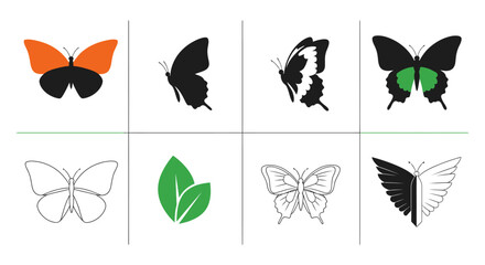 Collection of colorful and monochrome butterfly designs on transparent background silhouette © MD