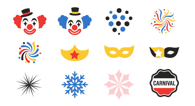 Colorful carnival elements including clowns and masks on transparent background silhouette