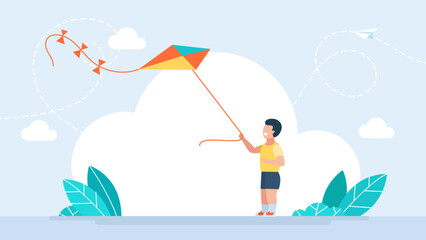 Happy little boy standing and flying a colorful kite in the blue sky, representing childhood dreams, summer outdoor activities, freedom and simple happiness of kids. Vector illustration. © Yurii