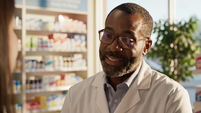 Pharmacist talks with patient in pharmacy. Male pharmacist consults patient about medication prescription. Health treatment discussion in pharmacy. Pharmacist advises in drugstore with medicine