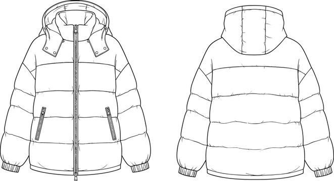 Hooded puffer jacket front and back view technical fashion illustration, winter outerwear clothing mockup, insulated coat template for apparel design