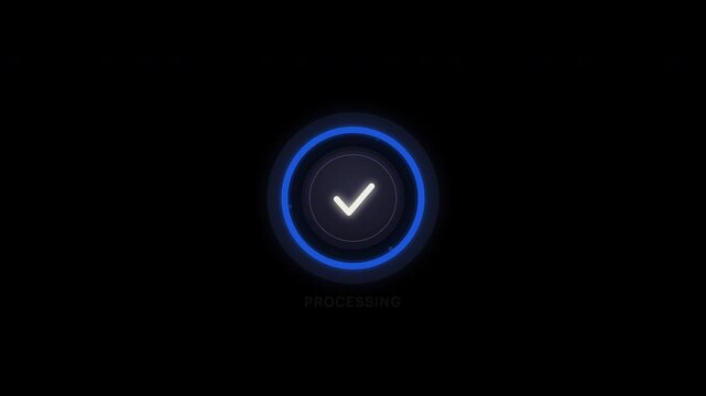 AI Progress Circle with Glowing blue checkmark in circular button design. Suitable for web design or digital validation concepts.
