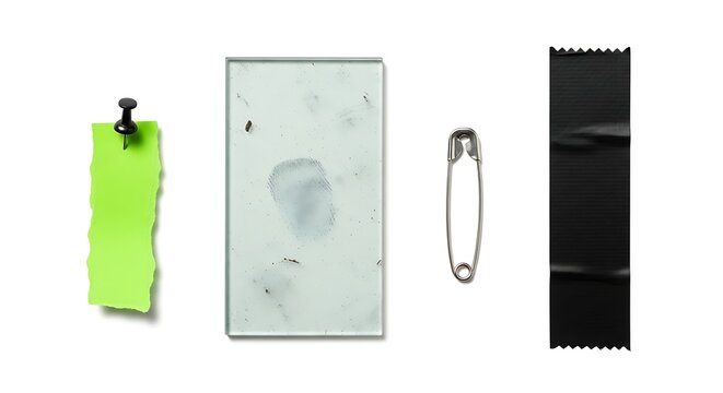 Set of various office and household stationery items including a green note, glass slide, safety pin, and black tape isolated on white background