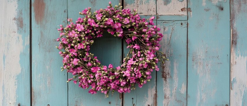 Pink floral wreath on rustic blue door