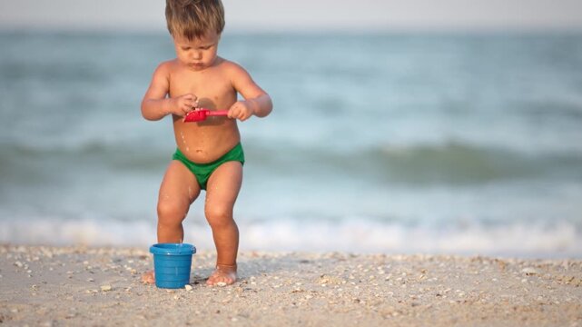 Kid collects shells and pebbles in the sea on a sandy bottom under the summer sun on a vacation