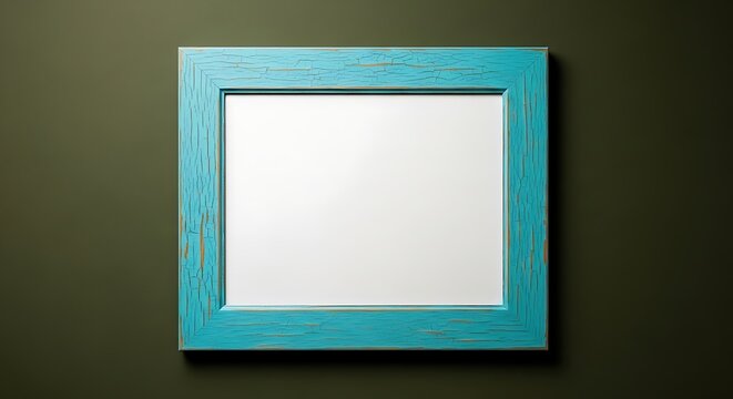 Empty turquoise wooden frame with a blank white space, ready for your picture, photo, or artwork, hanging on a dark green wall in a minimalist interior setting