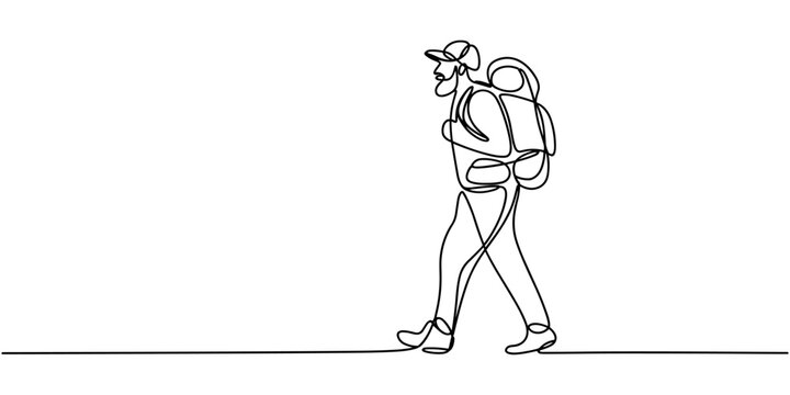 Single continuous line drawing direction pointer hiker man backpacks hiking traveling and tourism. Trekking wild nature recreation and sport backpacking trip. one line Icon drawing.