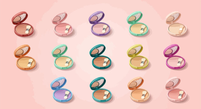 A collection of colorful compact powder cases with brushes, arranged in rows on a soft pink background.