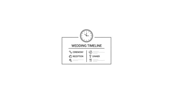 Minimalist wedding timeline card with ceremony, reception, and dinner events, symbolizing organized event planning, on an isolated white background.