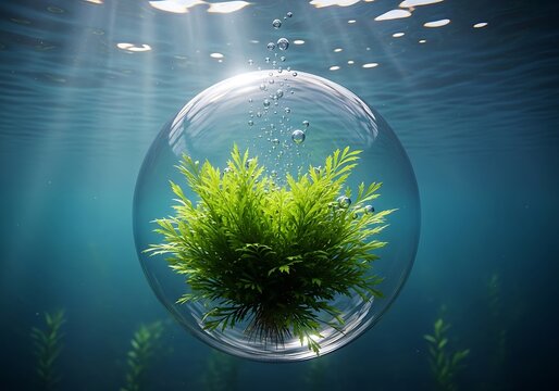 Aquatic plants thriving inside a submerged glass dome in clear blue water