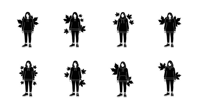 Multiple hooded figures with maple leaves ideal for design on transparent background silhouette