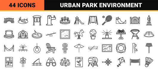 Obraz premium Community Park Infrastructure and Public Recreation Space Monoline Icons featuring Minimalist Geometric Outdoor Furniture and Landscape Elements