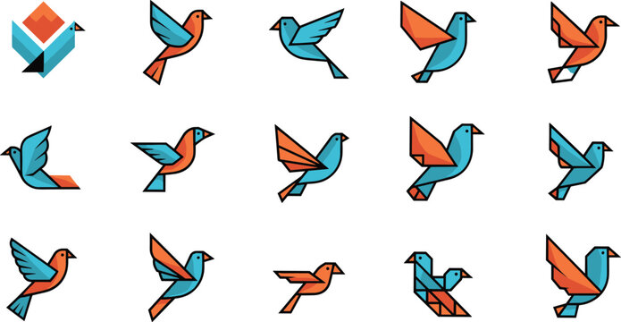 Geometric bird icon set with colorful flying birds in modern flat polygon style isolated on white background