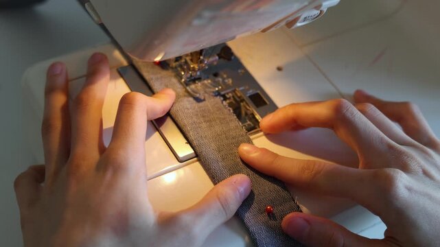 Watch as skilled hands expertly navigate the sewing machine, stitching together beautiful fabric pieces with precision. A close-up reveals the artistry in every movement!