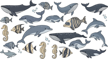 Obraz premium A collection of various marine animals including whales, dolphins, fish, and seahorses in a cartoon illustration style.