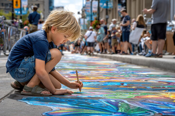 Naklejka premium Child creates colorful chalk art on a busy street during a community festival in summer