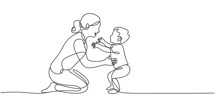 Mom with her young kid in continuous line art drawing style. Mother playing and teaching her toddler child. Minimalist black linear sketch isolated on white background. Vector illustration