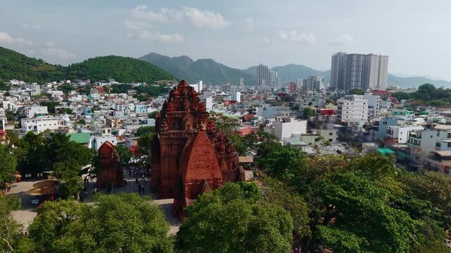 Aerial view of ancient po nagar cham towers in Nha Trang, Vietnam.