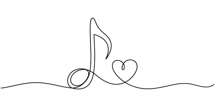 music notes with love sign continuous one line drawing. Single line art music notes. Doodle vector illustration
