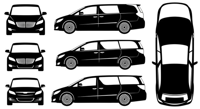 Black minivan silhouette: front, side, and top views. Vector illustration.