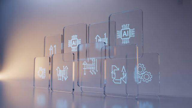 A futuristic arrangement of transparent blocks with glowing white symbols and icons representing technology and innovation