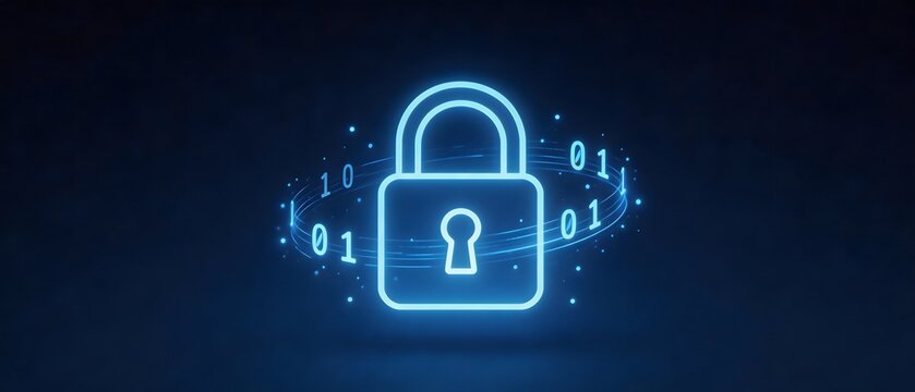 Blue neon padlock with binary code