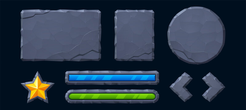 Game UI elements with stone frames and rock buttons for jungle adventure projects. Cartoon texture panels, ancient aztec boards and fantasy interface icons for gaming experience and RPG design.