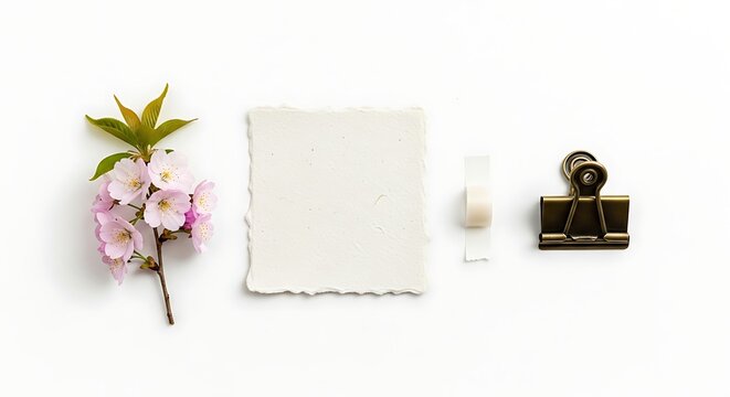 Flat lay of a blank handmade paper sheet, cherry blossom branch, tape, and a binder clip isolated on white background
