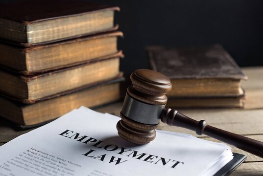 Employment law documents are placed on top of a gavel, symbolizing legal proceedings.
