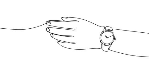 Obraz premium Hand wearing a wristwatch in continuous line drawing. Minimalist illustration for beauty and fashion, Continuous single line sketch drawing of people hand wearing wrist watch. One line art of business