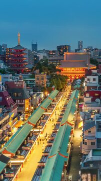 Aerial view of famous tourist attractions in Asakusa, Tokyo, Japan. Vertical