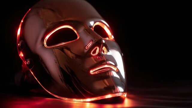 A reflective led mask sits on a smooth surface, illuminated by bright red lights in a dark environment. Modern skincare gadgets