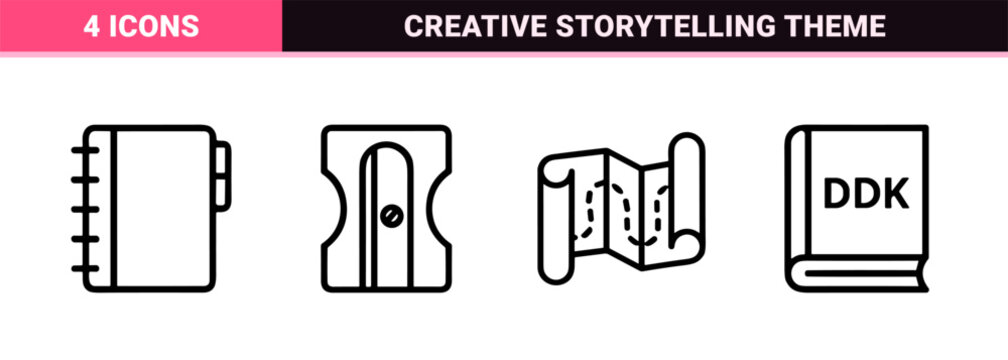 Creative Writing and Editorial Linear Graphic Elements Featuring Minimalist Monoline Storytelling Symbols and Author Tools for Digital Content.