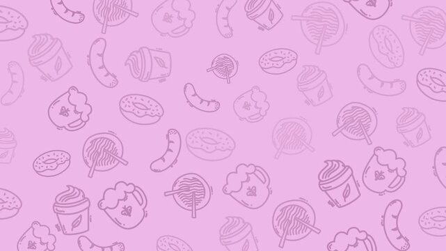 Seamless looping cafe snack doodle pattern animation on pink background featuring donuts, coffee cups, sausages, beer mugs, and lollipops. Great for food, cafe, and playful video content.