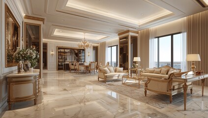 Fototapeta premium Elegant Luxurious Living Room Spacious Bright Modern Interior with Large Windows
