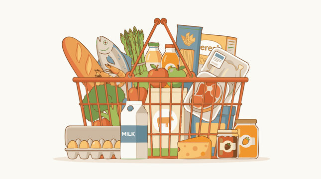 Full grocery shopping basket with fresh food and everyday essentials