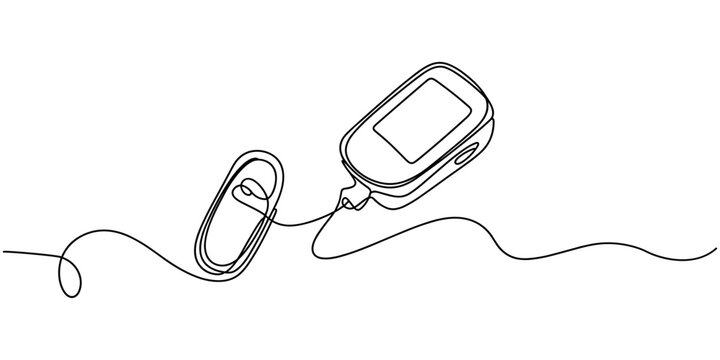 Pulse Oximeter continuous one line drawing minimalism design, Continuous one line art drawing pulse oximeter on finger. Digital device to measure oxygen saturation in human, Single one line drawing.