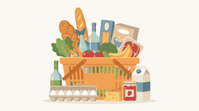 Full grocery shopping basket with fresh food, produce, and pantry items