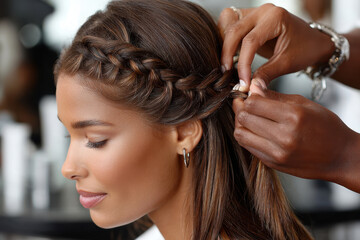 Naklejka premium Elegant hairstyling process at a salon with intricate braids and smooth finishes
