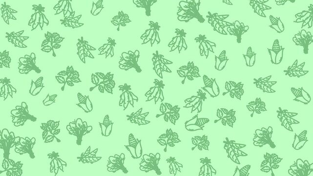 Seamless looping vegetable doodle pattern animation on light green background with corn, leafy greens, and herbs. Ideal for organic food, farming, healthy lifestyle, and fresh produce content.
