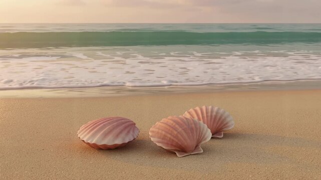 Three Pink Scallop Shells Resting on Sandy Beach with Gentle Ocean Waves Rolling in during Golden Hour Sunset