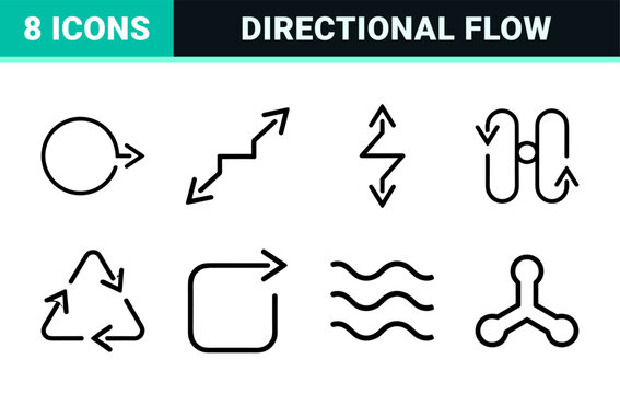 Technical Monoline Arrow Navigation Set - Minimalist Geometric Line Art Icons for Interface Design and Process Mapping Flowcharts